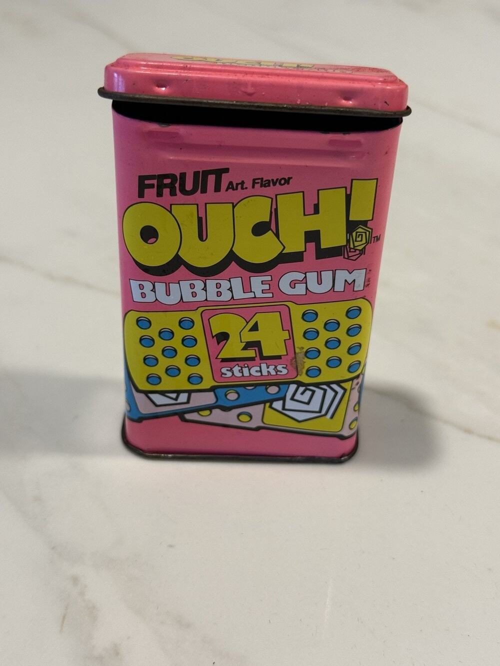 Vintage OUCH! Bubble Gum Tin 1990s Neon Pink Candy Advertising Empty Bandage Box